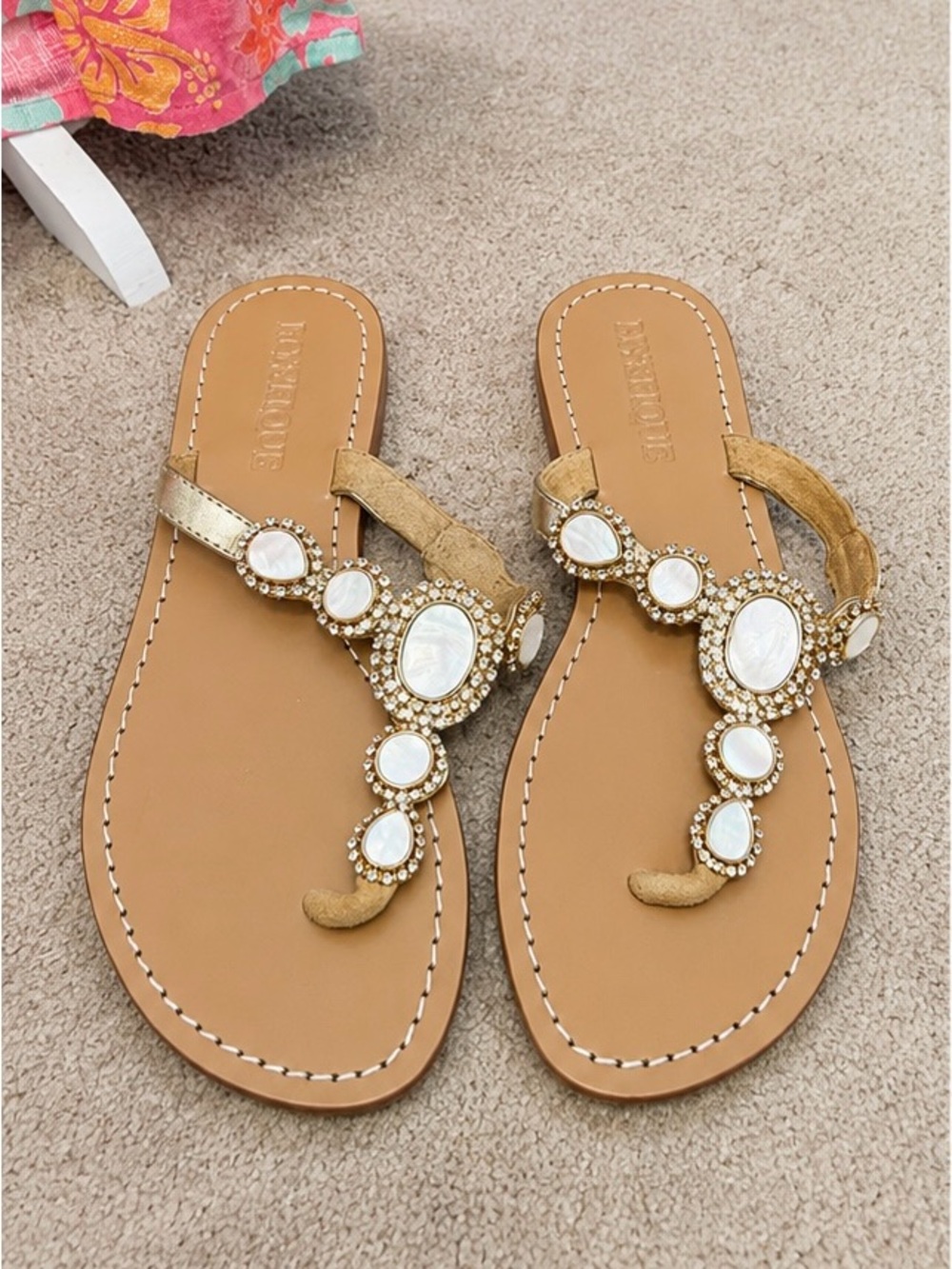 Mystique Embellished Gold Thong Sandals | Rhinestone Shell Accent | Sz 8